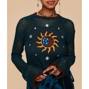 Earthbound Trading Co Boho Celestial Sun Moon Stars Crop Crochet Sweater Small